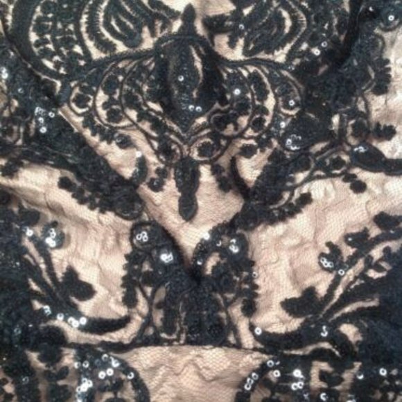 NWT Free People Night Shimmer Sequin Mini Dress Black Lace Nude Slip Size 12. - Picture 5 of 7